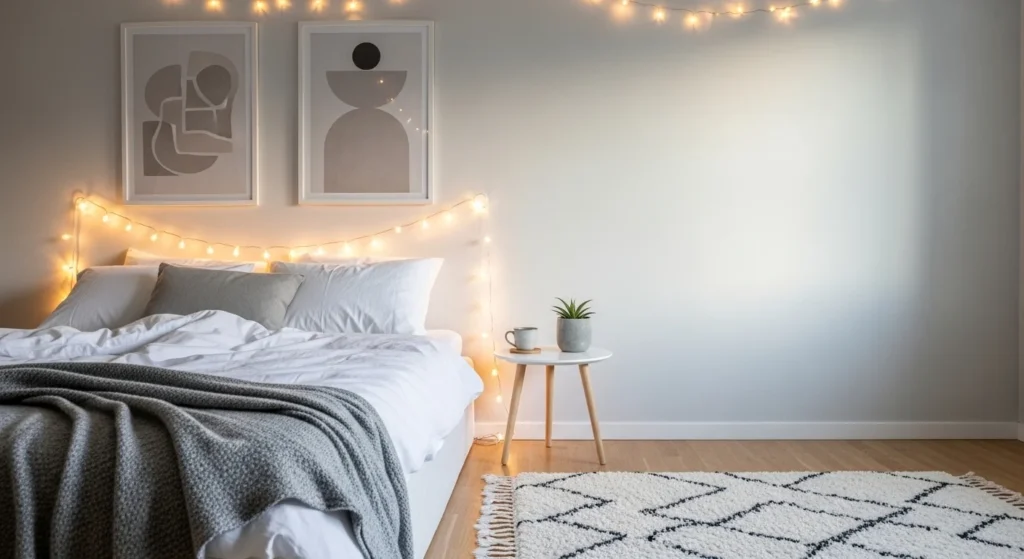 minimalist cozy bedroom warm string lights neutral posters clean modern aesthetic