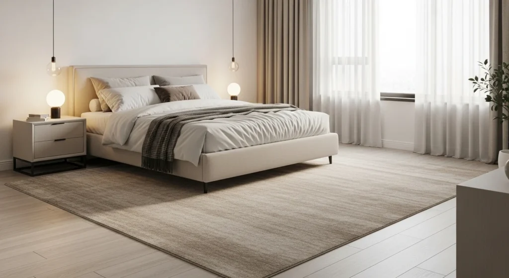 large neutral rug under bed beige cozy modern bedroom design