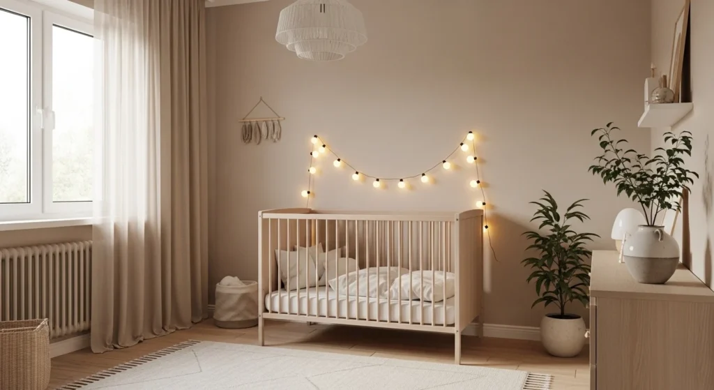 neutral bedroom wooden crib beige tones string lights cozy nursery