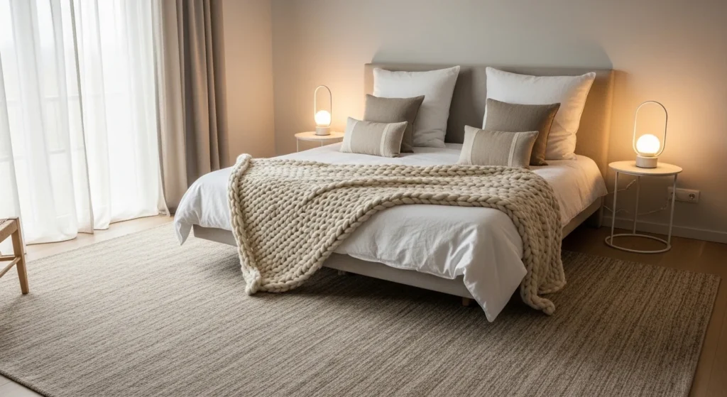 large neutral rug under bed beige tones cozy modern bedroom