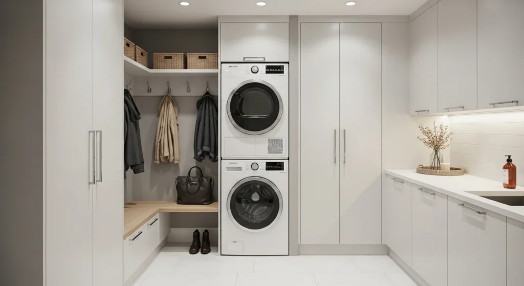 compact mudroom laundry combo stacked washer dryer small space storage
