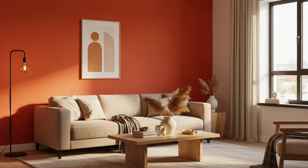 burnt orange accent wall beige sofa cozy modern living room warm tones