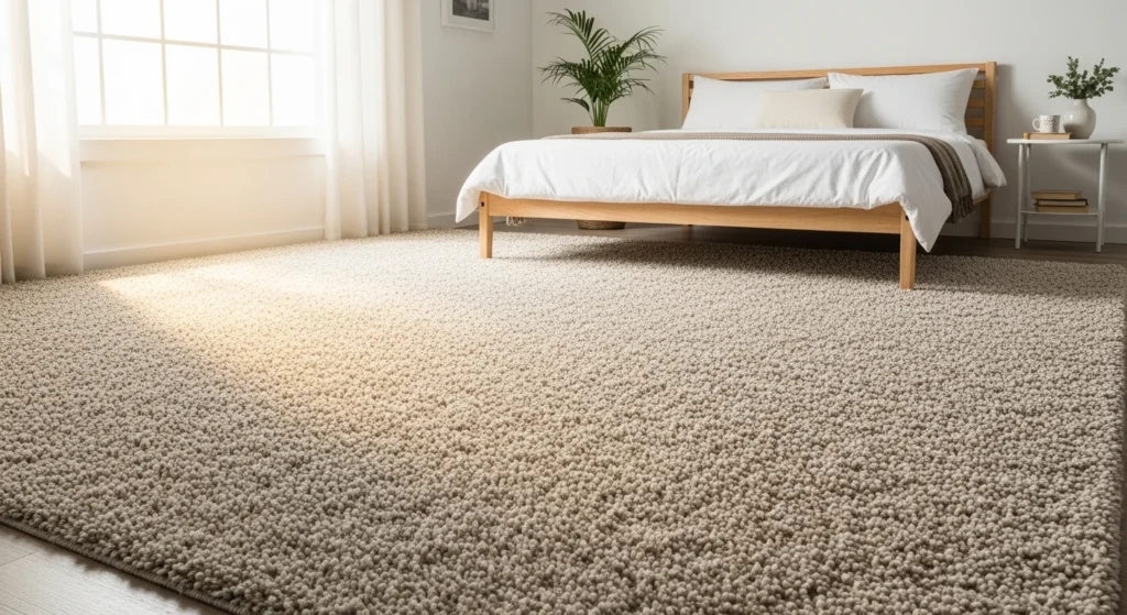 neutral plush bedroom rug beige tones soft cozy serene space