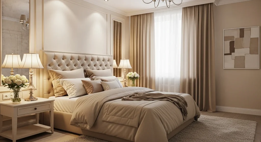 soft neutral romantic bedroom beige tones cozy elegant lighting