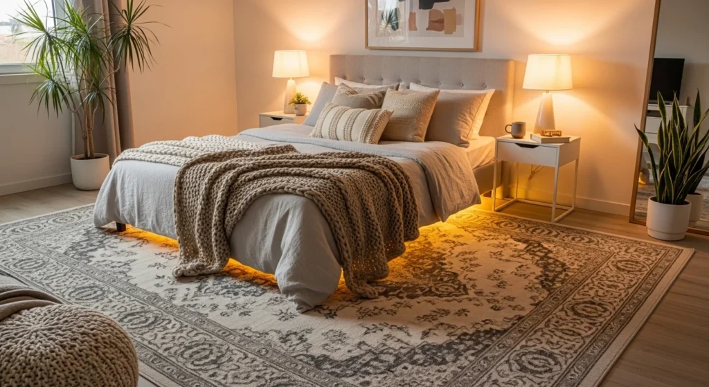 large area rug under bed cozy bedroom neutral tones modern design