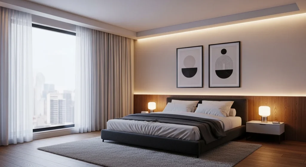 modern bedroom LED lights posters clean cozy aesthetic contemporary design