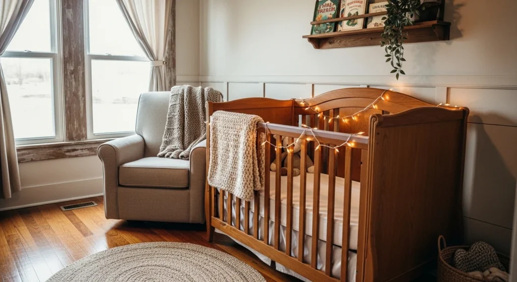 rustic nursery bedroom wooden crib warm string lights farmhouse style
