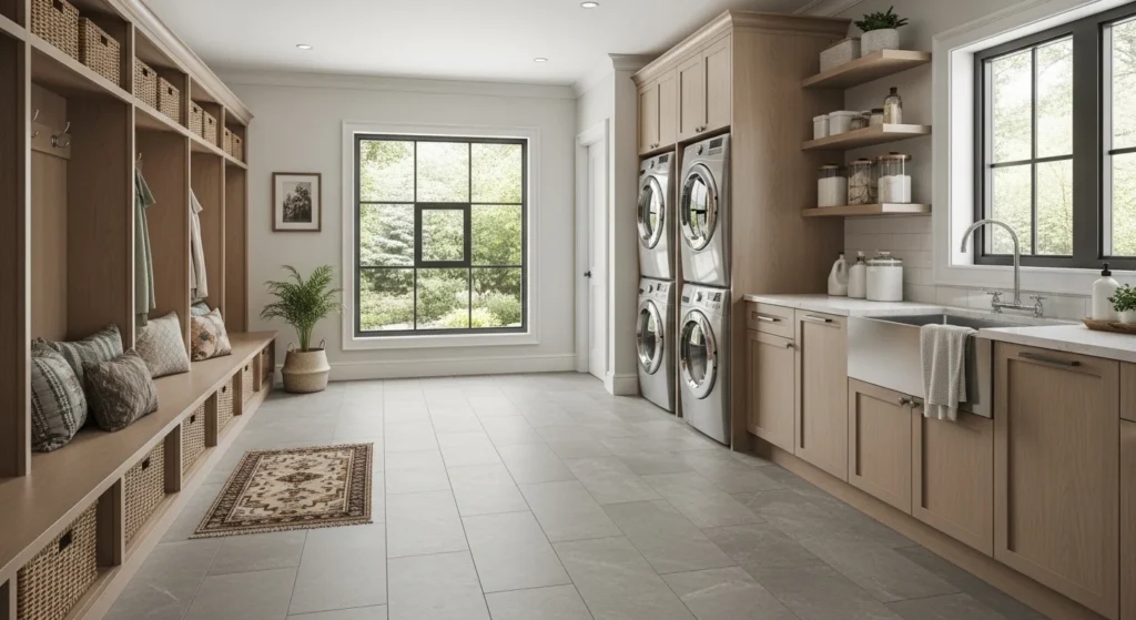 mudroom laundry combo tile flooring durable stylish modern interior