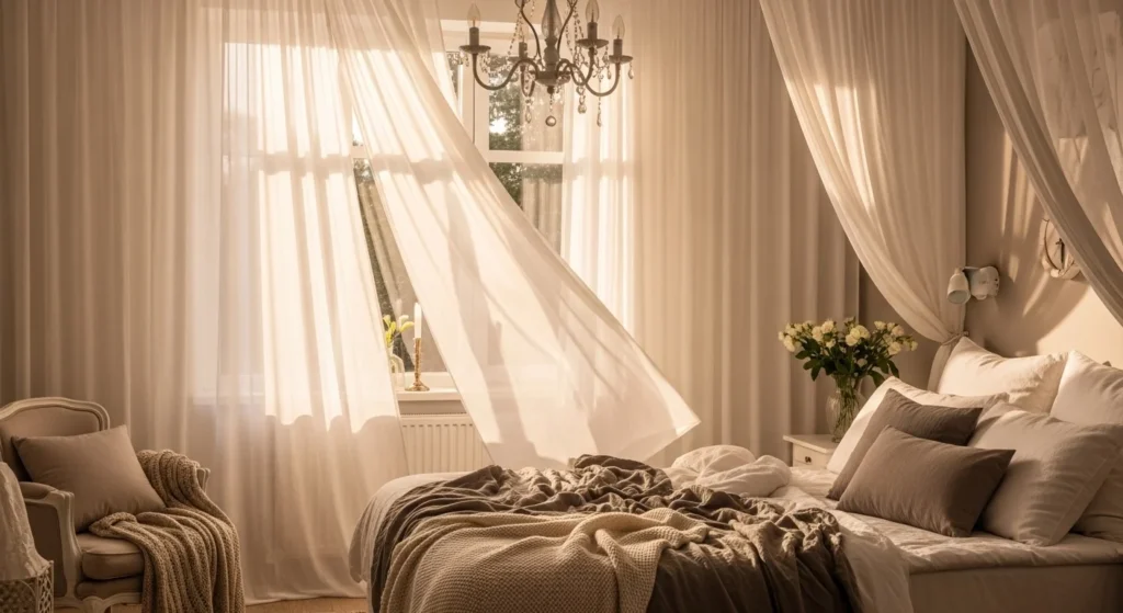 romantic bedroom sheer curtains soft lighting airy cozy aesthetic