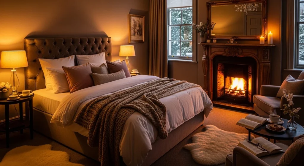 romantic bedroom fireplace cozy warm lighting soft textures intimate design
