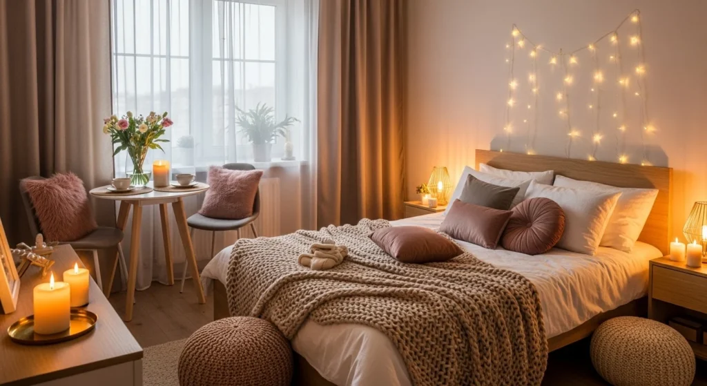 small romantic bedroom cozy lighting compact couple room aesthetic