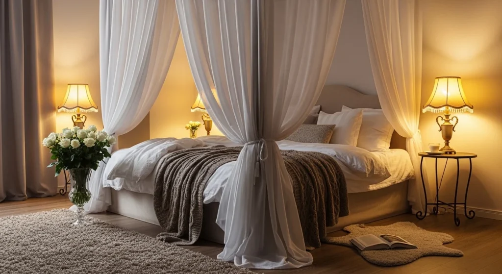 romantic canopy bed bedroom soft drapes cozy warm lighting