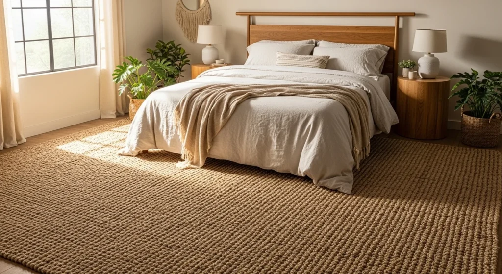 jute bedroom rug natural earthy texture cozy serene aesthetic