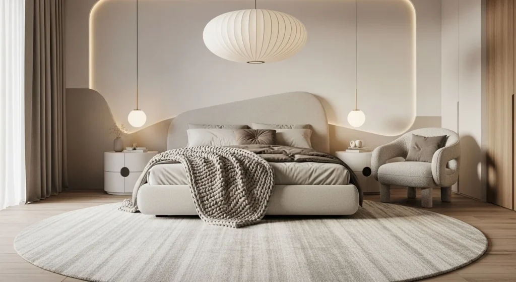 round rug bedroom styling soft shapes cozy modern aesthetic