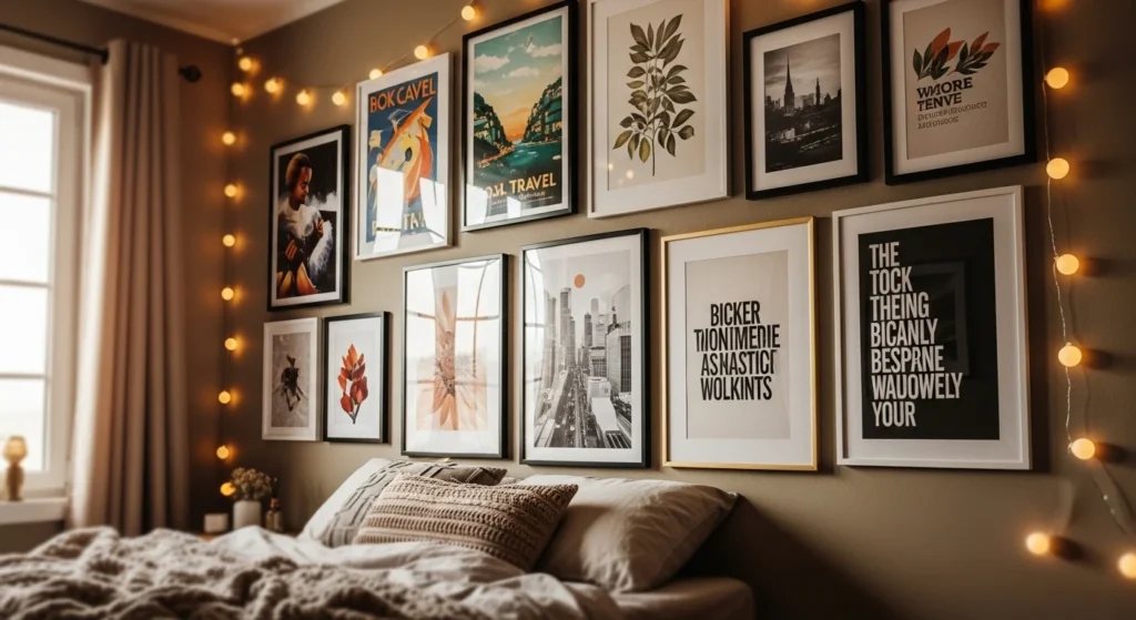 gallery wall posters bedroom string lights artistic cozy aesthetic design