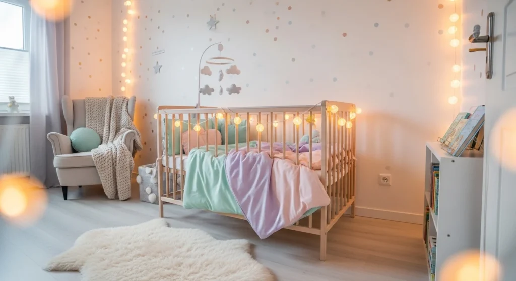 pastel nursery bedroom crib soft colors string lights dreamy aesthetic