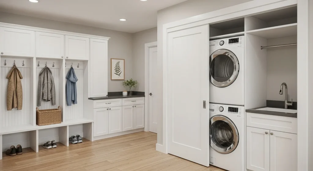 hidden mudroom laundry combo sliding doors concealed washer dryer