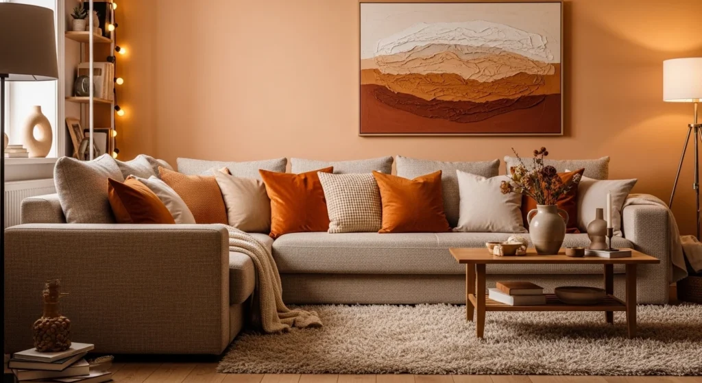 layered textures orange beige living room cozy sofa warm design aesthetic