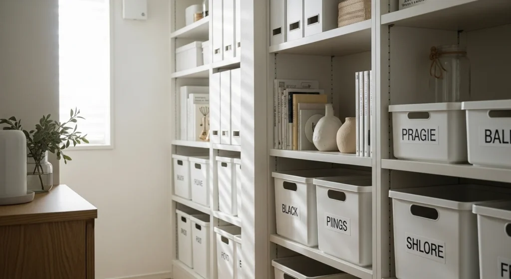 organized storage labeled spaces tidy minimalist home design