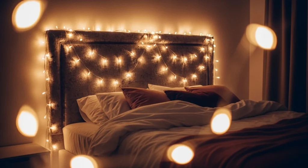 bedroom headboard string lights cozy romantic soft glow
