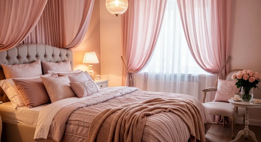 blush pink romantic bedroom soft tones cozy elegant aesthetic