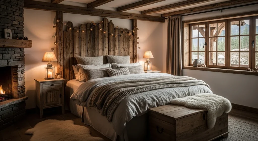 rustic romantic bedroom wooden textures warm cozy couple aesthetic