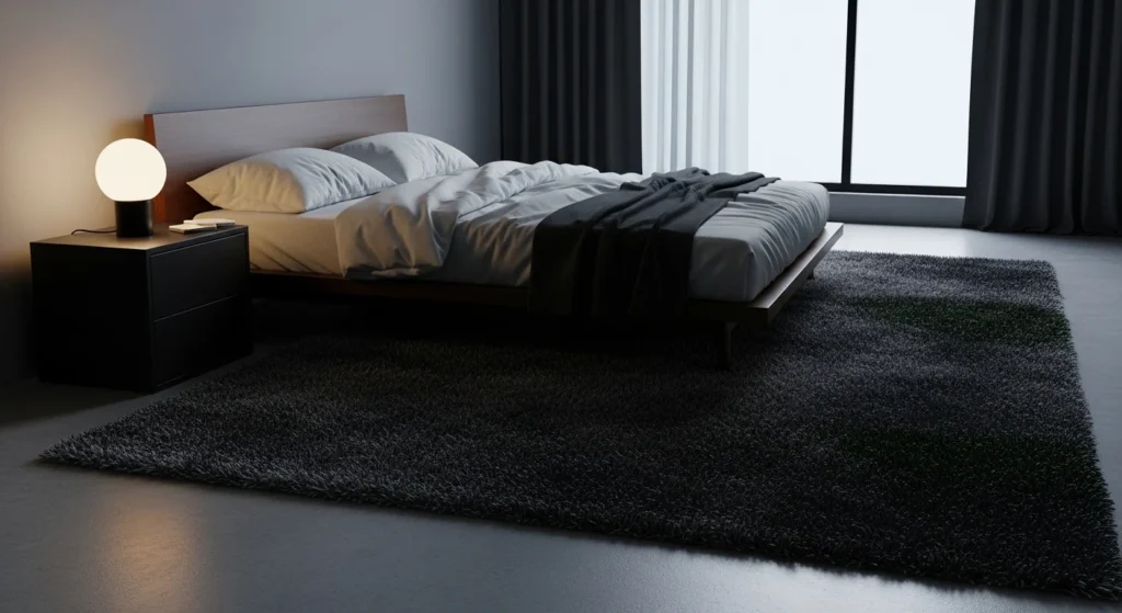 dark tone bedroom rug cozy contrast modern serene aesthetic