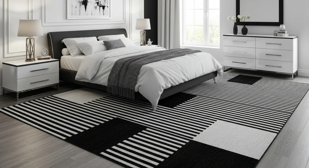 monochrome rug bedroom black white modern clean aesthetic