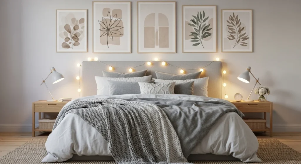 neutral bedroom posters soft tones string lights cozy elegant aesthetic