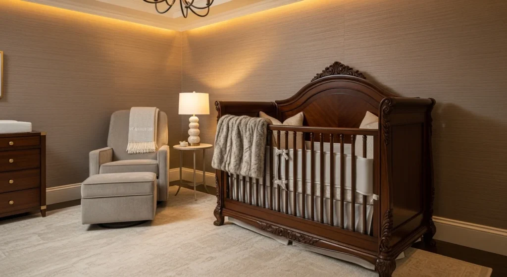 luxury nursery bedroom crib elegant warm lighting soft textures