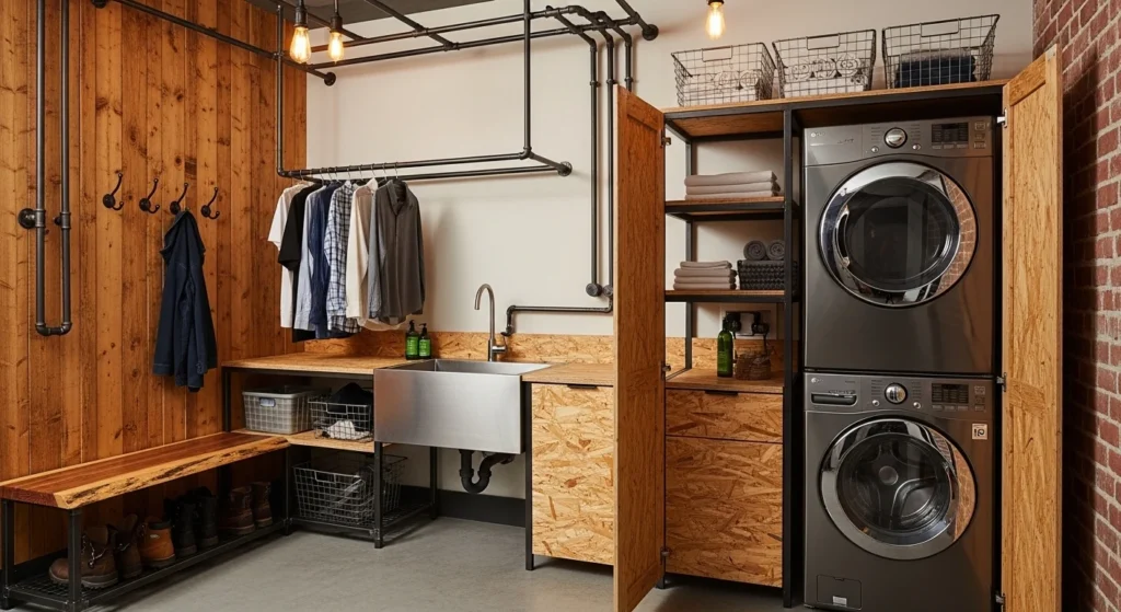 industrial mudroom laundry combo metal wood exposed elements modern