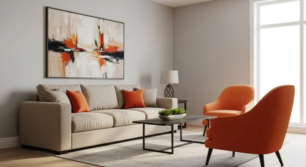 beige sofa orange accent chair modern living room stylish contrast