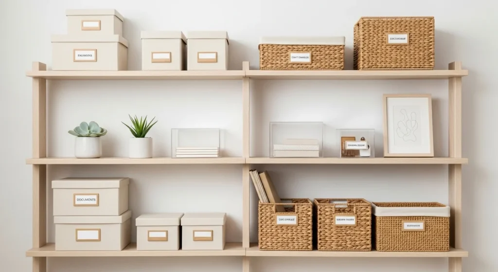simple storage shelves boxes clean organized minimalist home