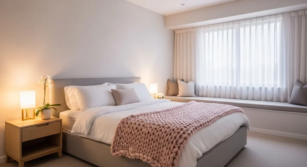 modern minimal romantic bedroom clean design soft lighting cozy aesthetic