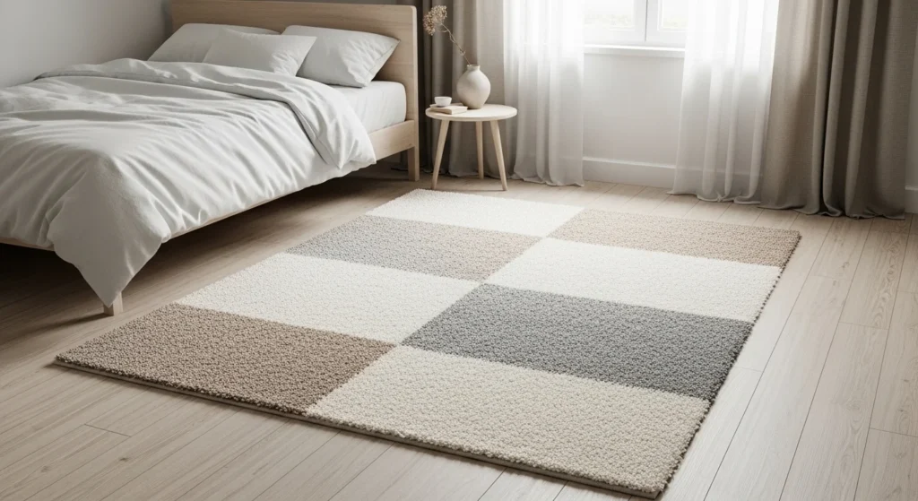 scandinavian bedroom rug light tones minimal cozy serene design