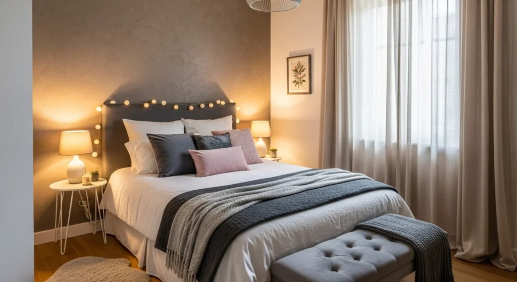 small romantic bedroom cozy lighting compact elegant design
