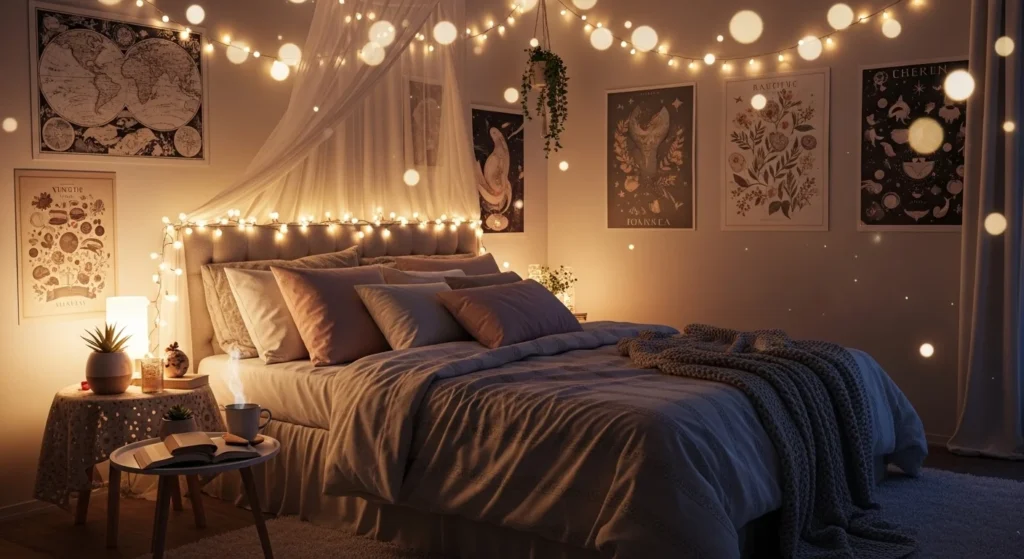 dreamy bedroom fairy lights posters soft aesthetic cozy magical room