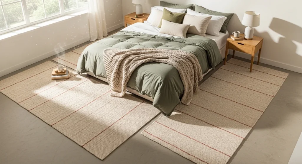 bedroom side runner rugs beside bed cozy functional design