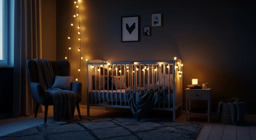 dark cozy nursery bedroom crib warm string lights moody aesthetic
