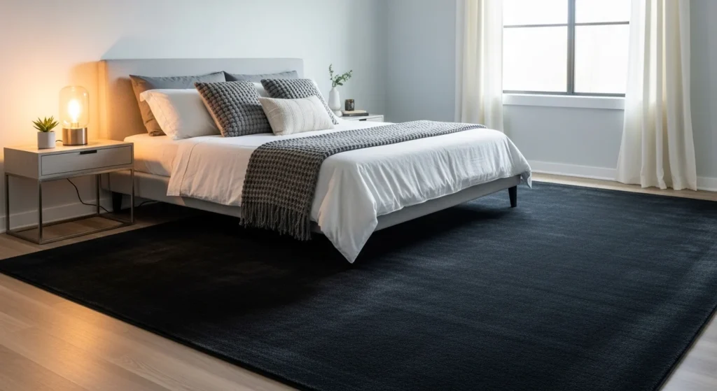 dark rug bedroom contrast modern cozy interior design