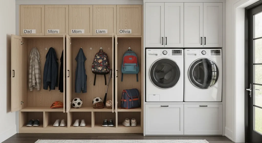 mudroom laundry combo built in lockers organized family storage space