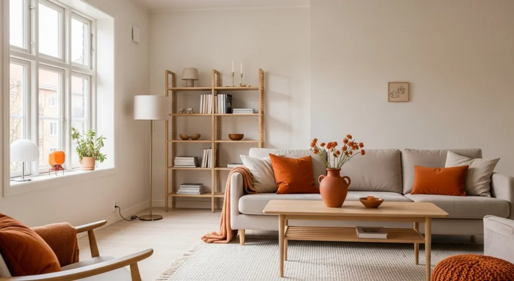 scandinavian living room beige sofa subtle orange decor light wood cozy