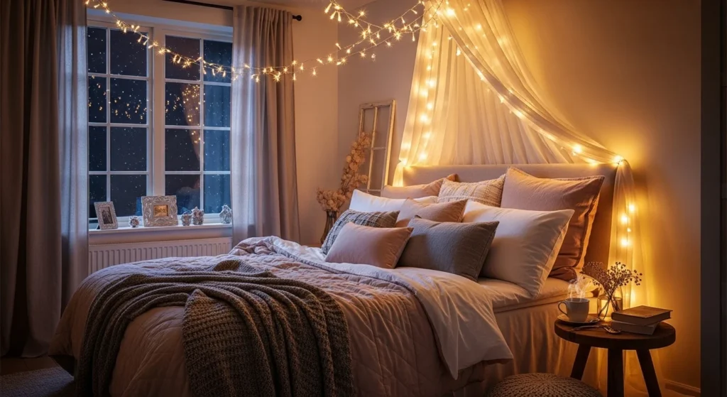 romantic bedroom fairy lights ceiling dreamy warm glow cozy aesthetic