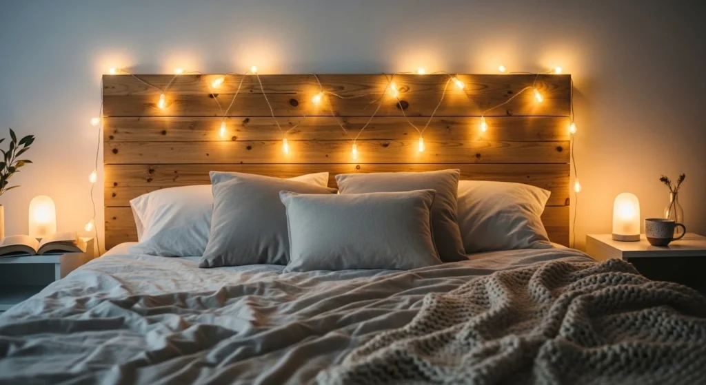 string lights headboard romantic bedroom warm glow cozy aesthetic