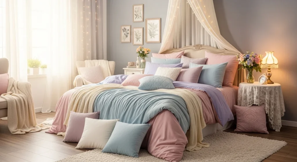 pastel romantic bedroom soft colors dreamy cozy couple aesthetic