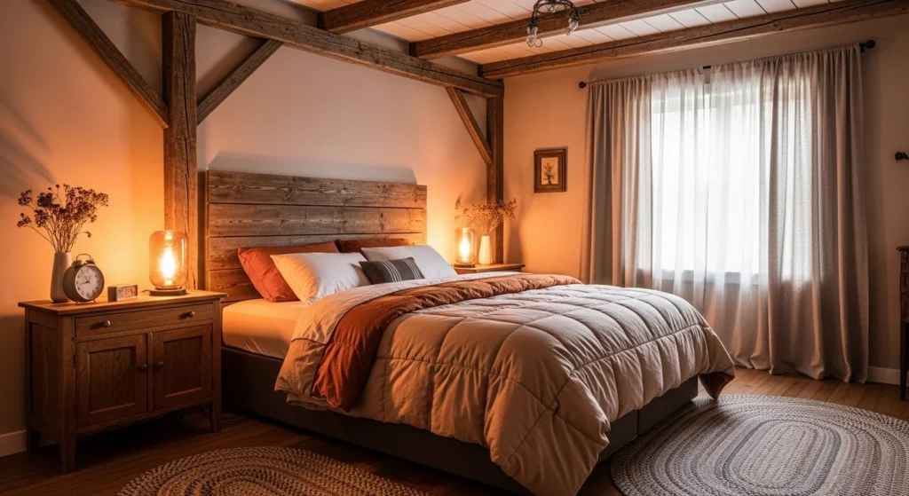 rustic romantic bedroom wood accents warm lighting cozy farmhouse aesthetic