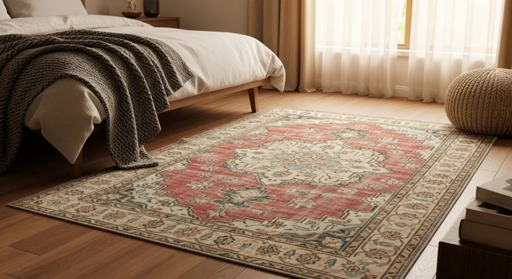 vintage bedroom rug faded pattern soft tones cozy serene aesthetic