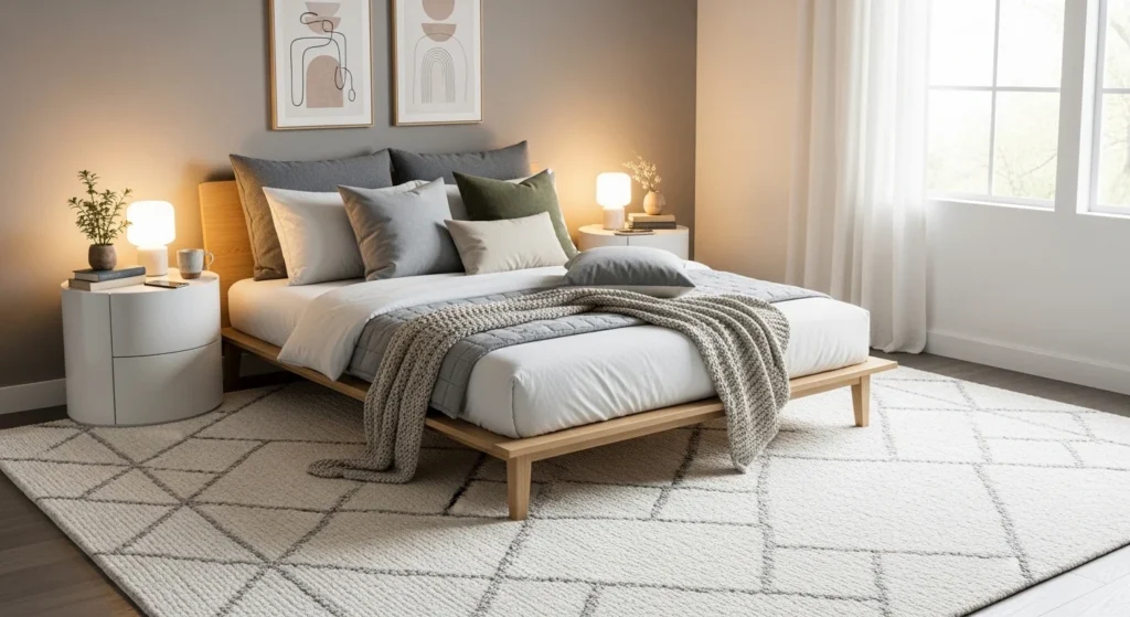 partial rug under bed modern bedroom styling cozy aesthetic