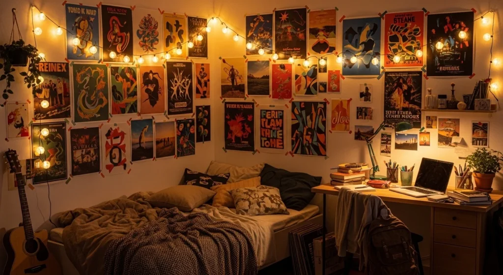 student bedroom posters string lights cozy personal aesthetic space design
