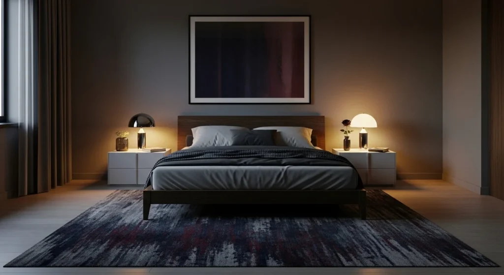 dark tone rug bedroom deep colors cozy modern elegant design